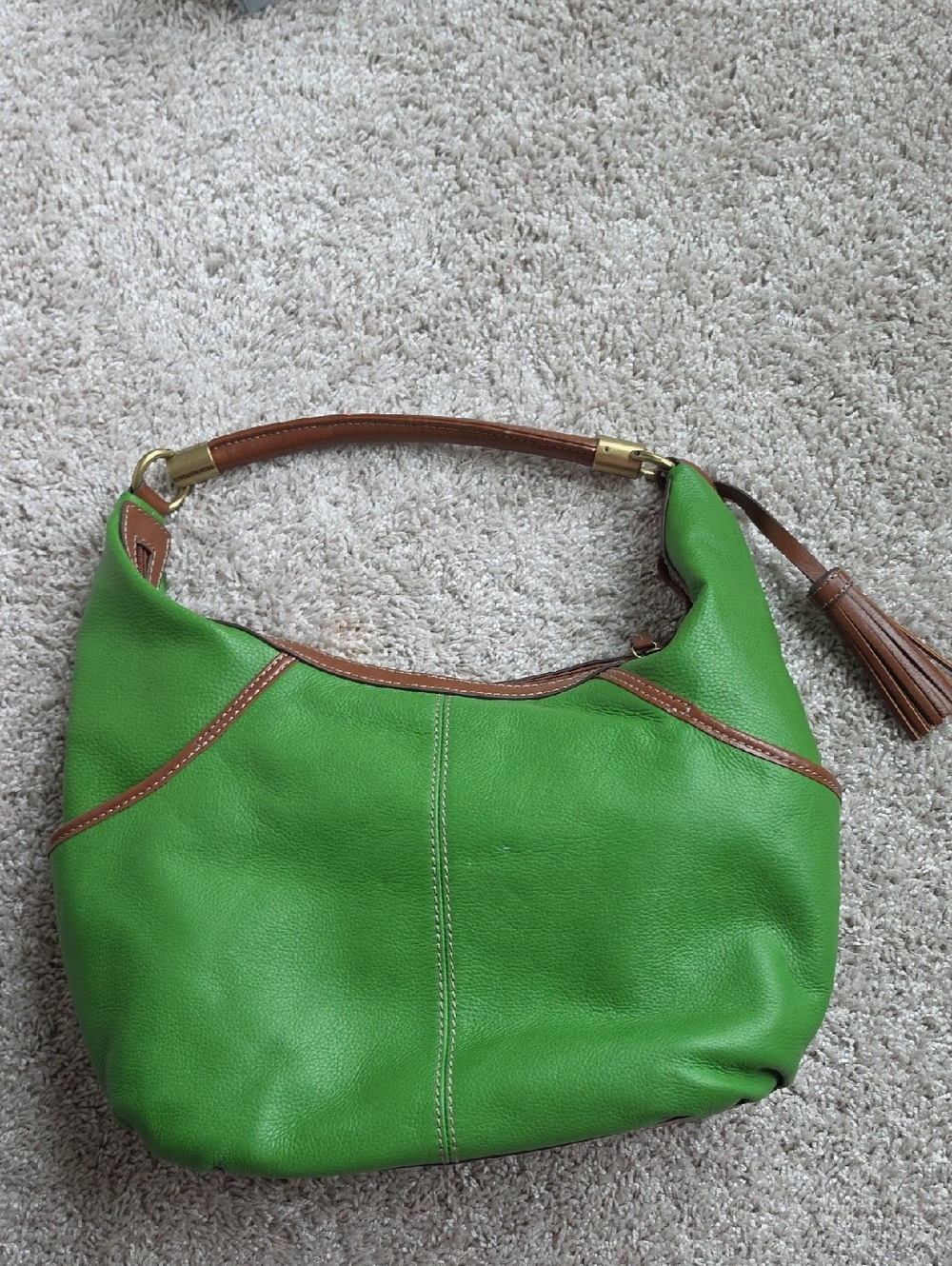 Green Leather Hobo Bag with Brown Trim